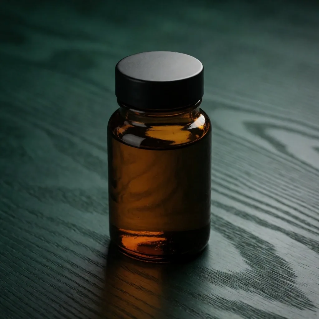 Amber glass supplement bottle on dark plywood surface under studio light