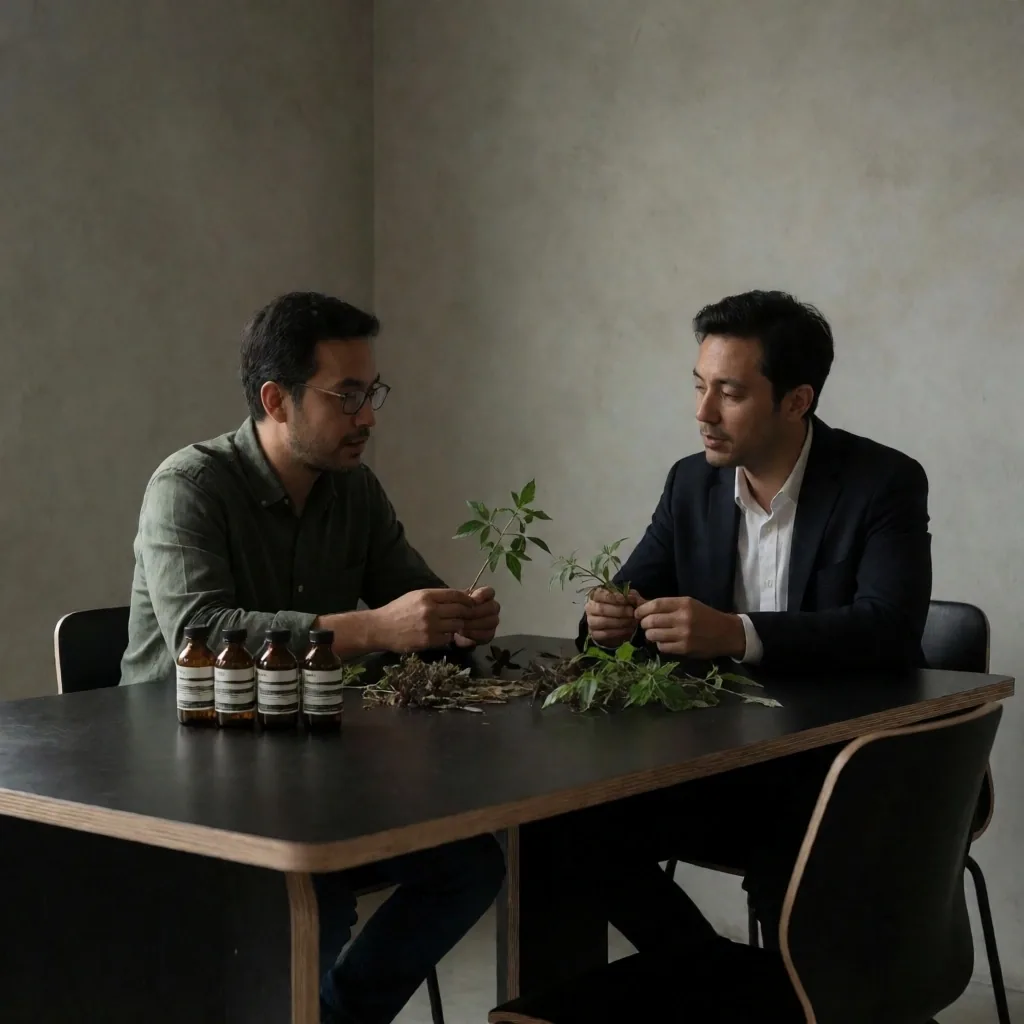 Minimalist Jakarta workspace with amber bottles and botanical books on dark plywood desk