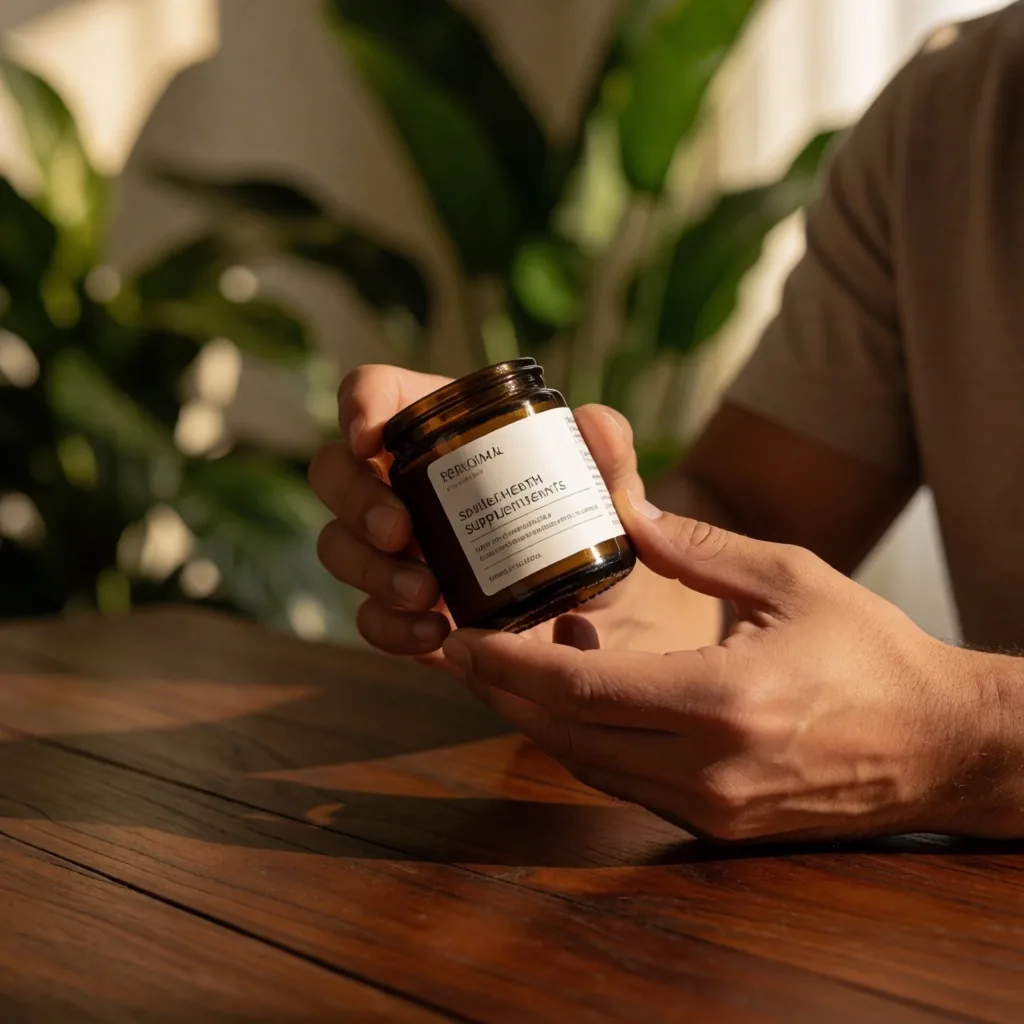 Natural supplement jar held over dark wood surface