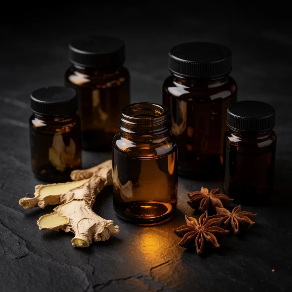 Natural supplement bottles arranged on a dark display surface with botanical specimens