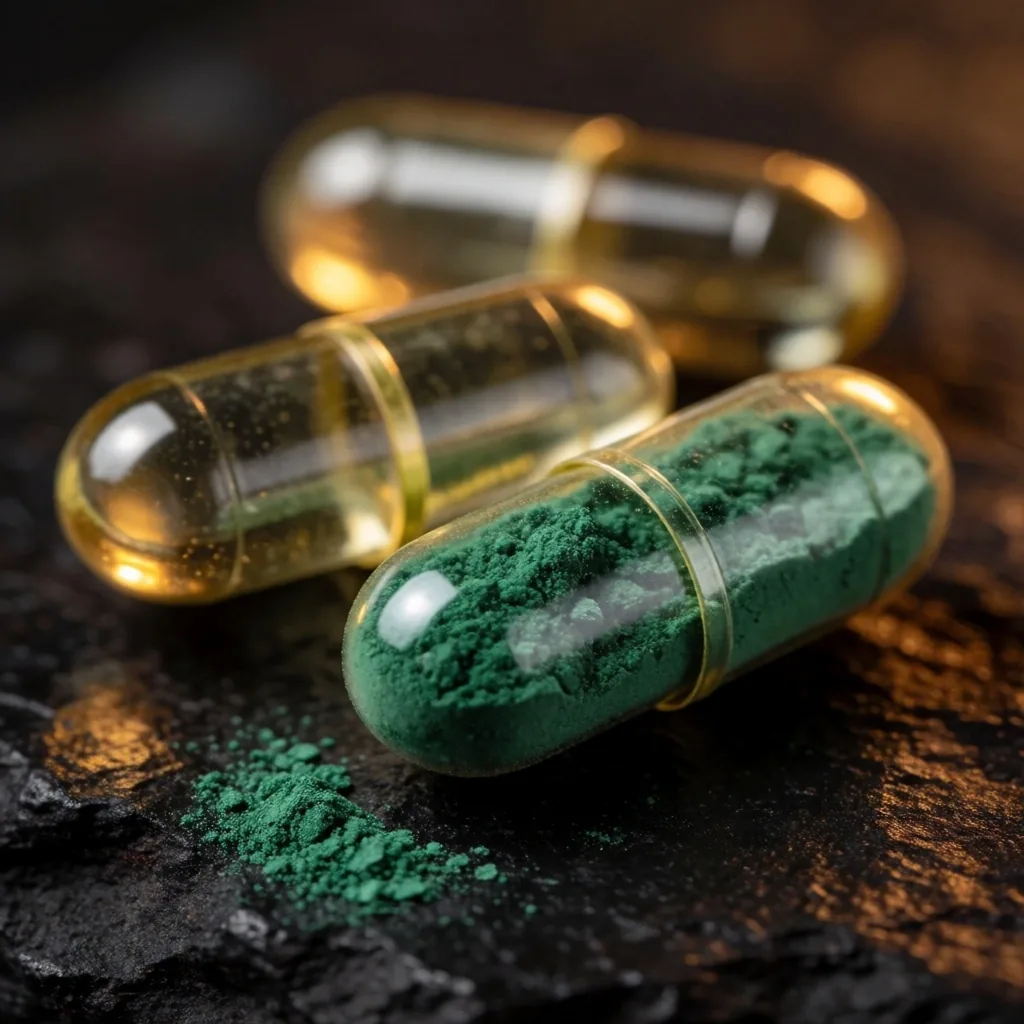 Natural supplement capsules on a dark stone surface showing their botanical contents