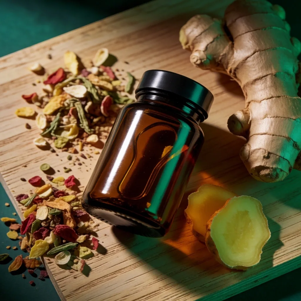 Natural supplement bottles on plywood