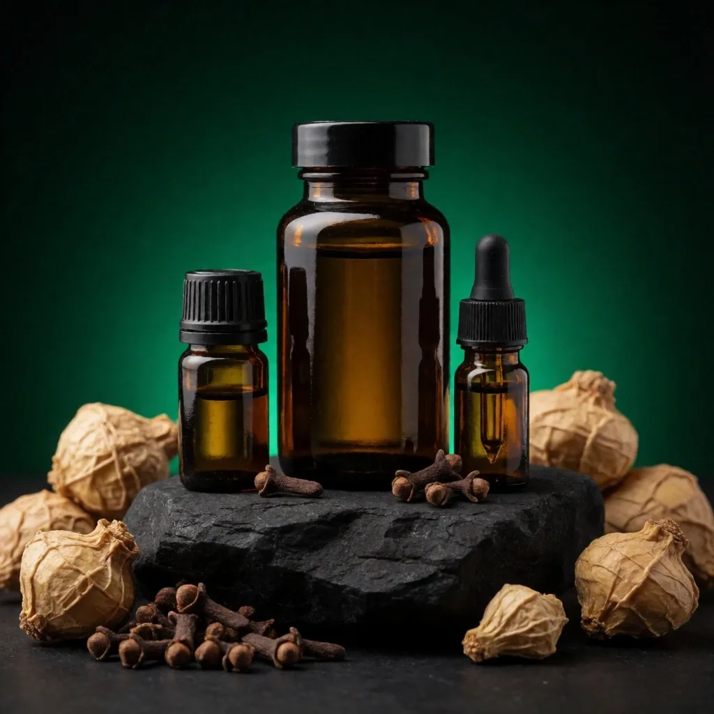 Amber glass supplement bottles in dark studio lighting with botanical specimens