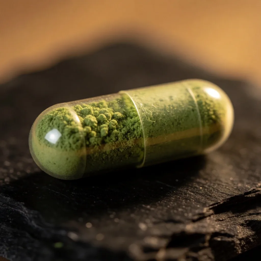 Single botanical capsule with green powder on dark surface