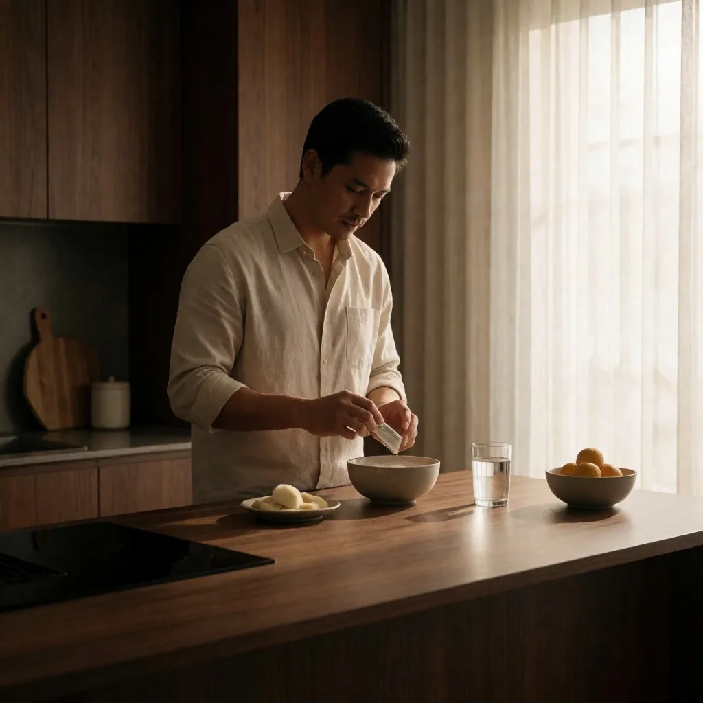 Jakarta professional preparing morning supplements