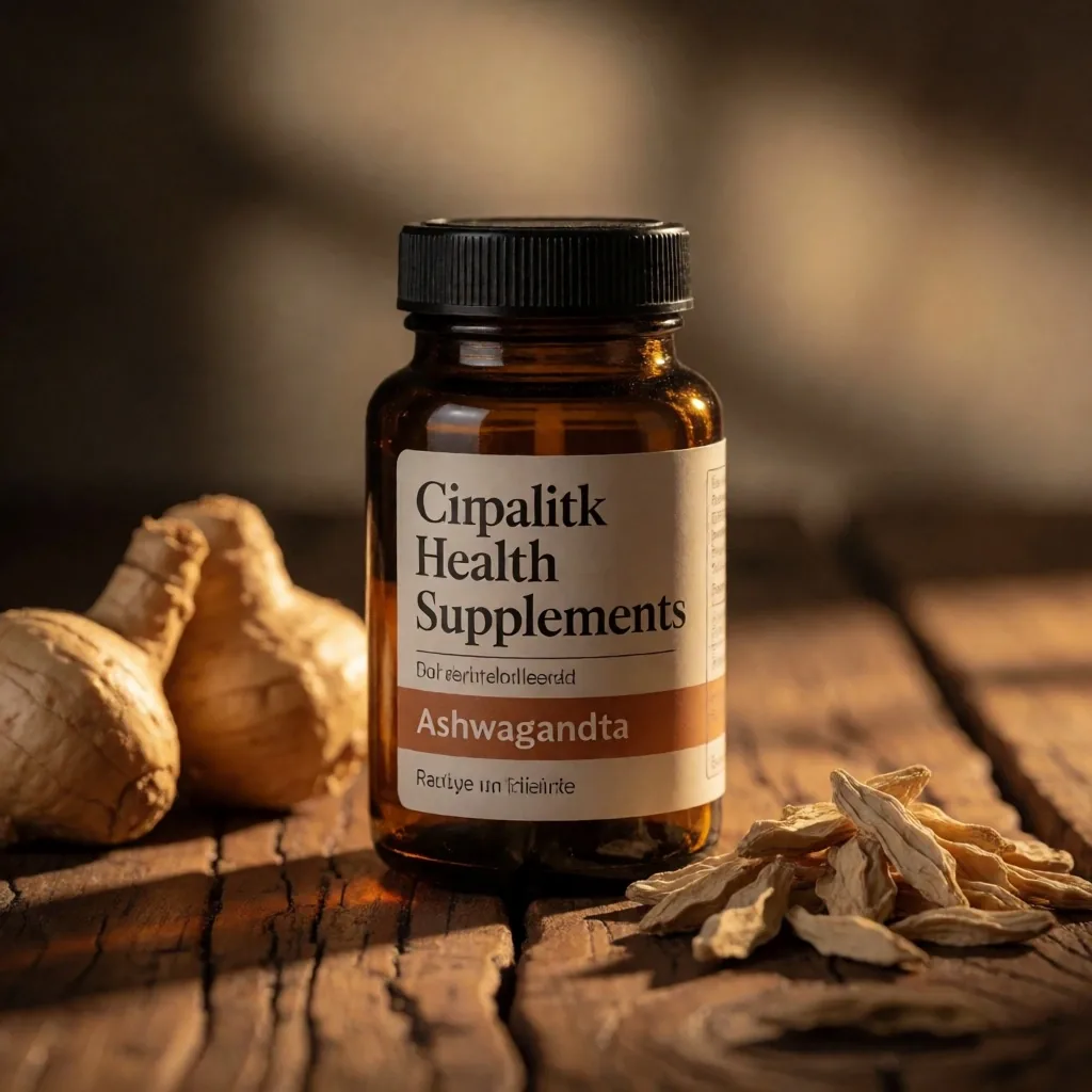 Maca root and Ashwagandha formula bottle with botanical specimens