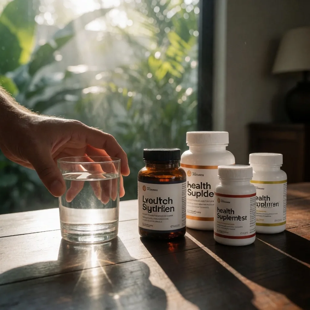 Natural supplement capsules in amber glass bottles under warm studio light