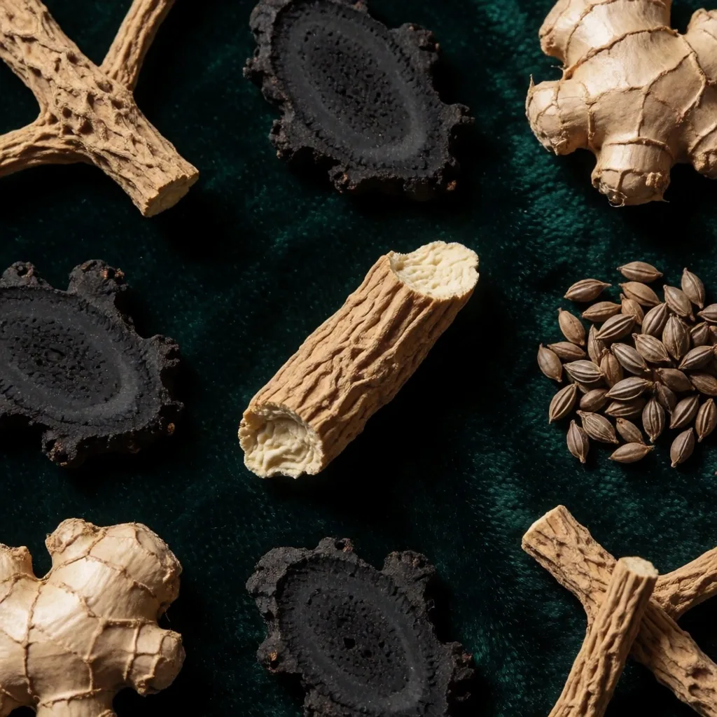 Botanical specimens arranged on dark velvet