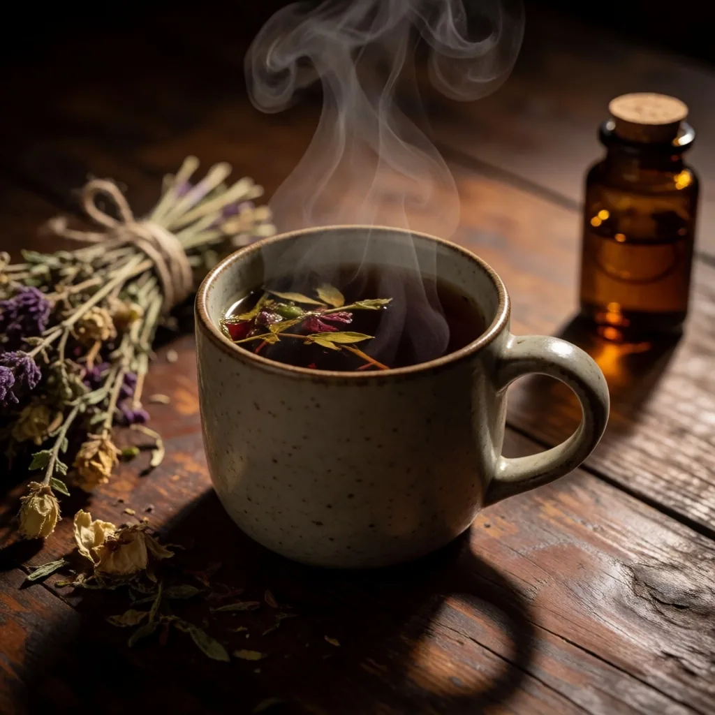 Herbal tea and dried herbs on dark wood