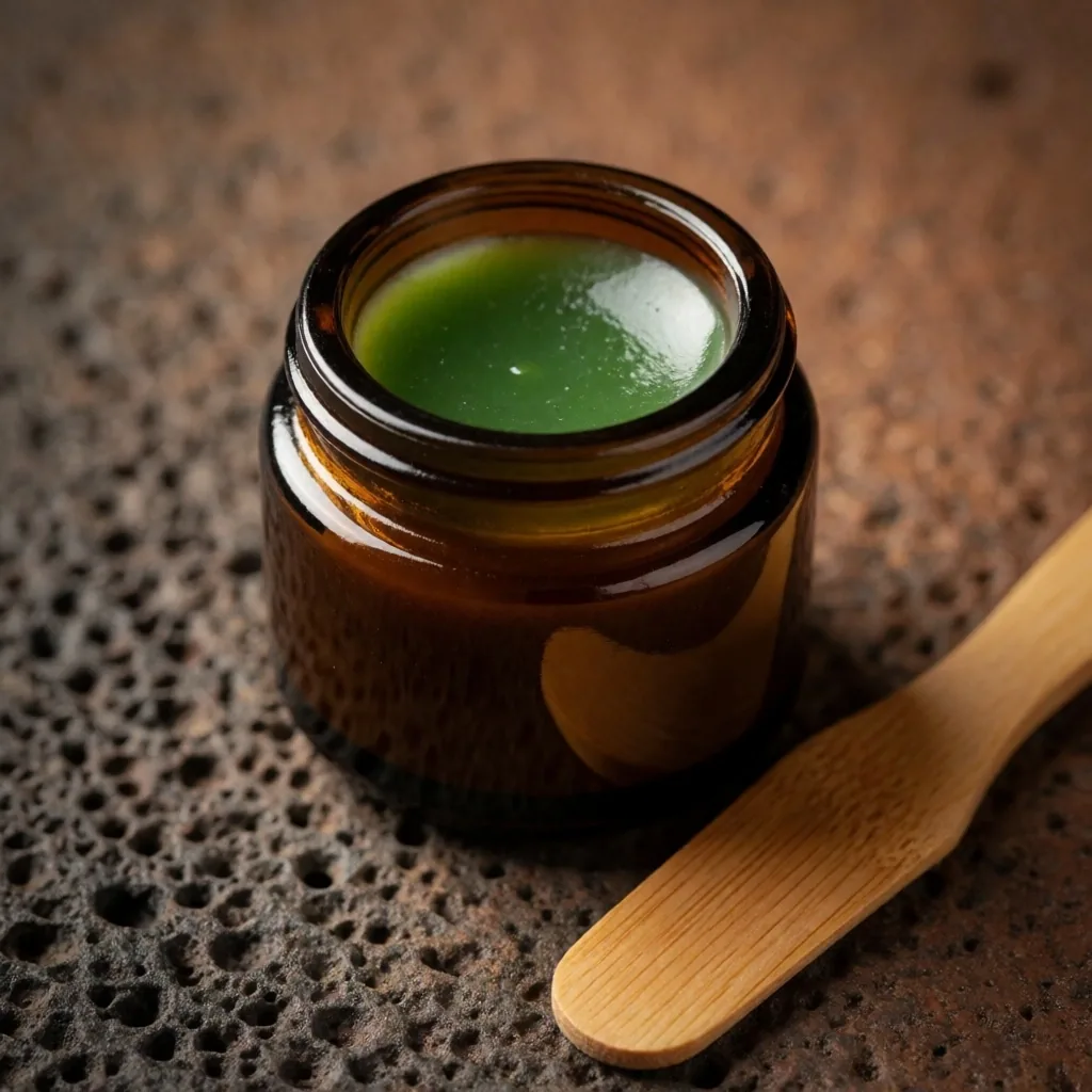 Herbal muscle balm on stone surface