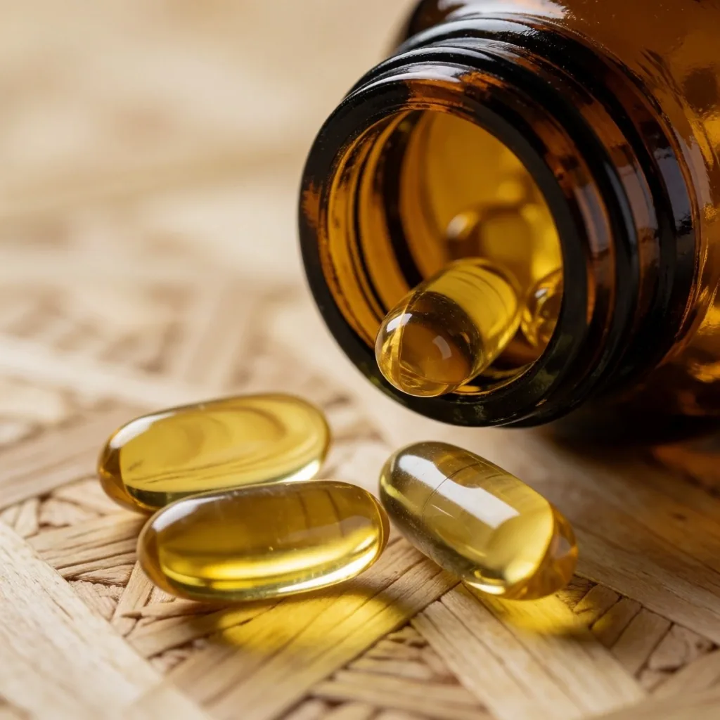 Men's daily vitamin capsules on plywood surface