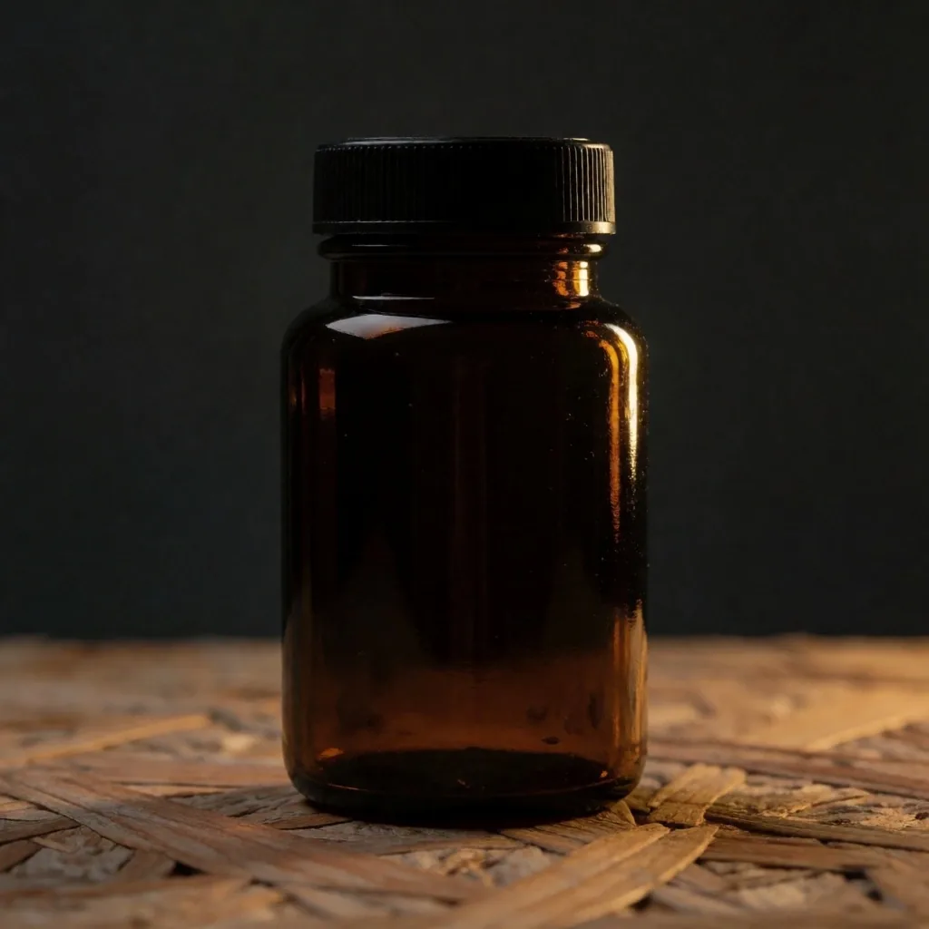 Natural supplement bottle photographed on a dark plywood surface under warm emerald studio light